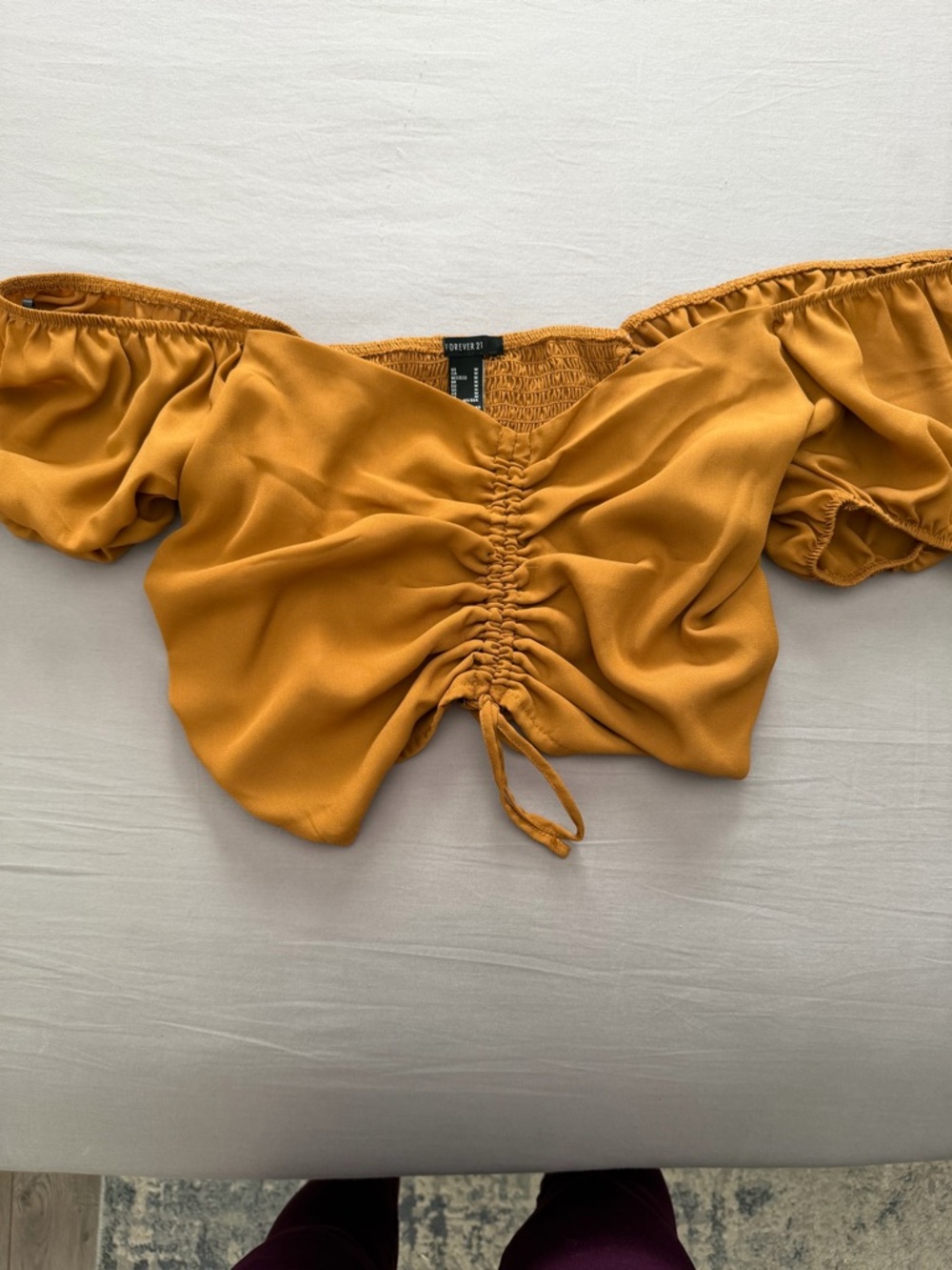 Forever 21 Mustard Ruched Off-Shoulder Crop Top